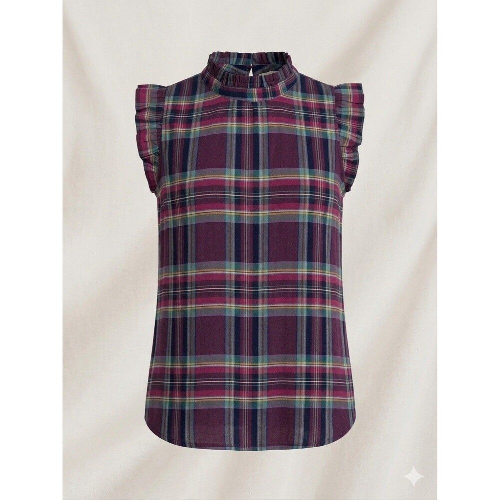 LOFT Plaid Mock Neck Ruffle Sleeve Top Women’s M Purple Magenta Blouse Academica